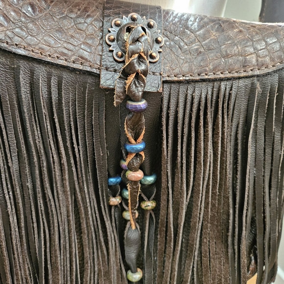Vintage 70s Tooled Leather Braided Shoulder Strap Fringe Saddle Bag Purse - Picture 7 of 8